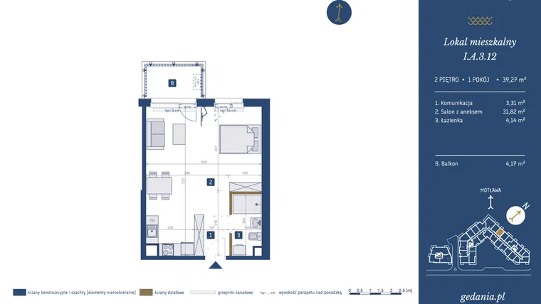 Rzut - Mieszkanie na sprzedaż 1 pokój o powierzchni 39,27 m² - numer I.A.3.12 w GEDANIA Riverside Living