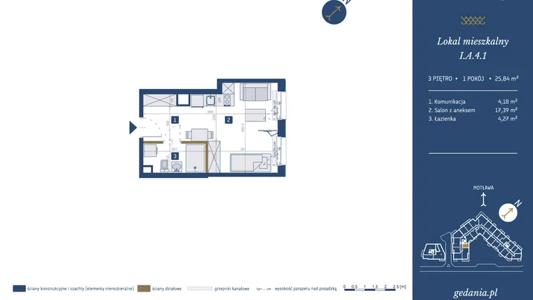 Rzut - Mieszkanie na sprzedaż 1 pokój o powierzchni 25,84 m² - numer I.A.4.1 w GEDANIA Riverside Living