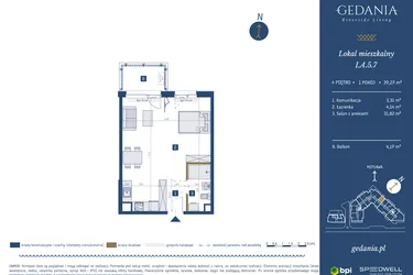 Rzut - Mieszkanie na sprzedaż 1 pokój o powierzchni 39,27 m² - numer I.A.5.7 w GEDANIA Riverside Living