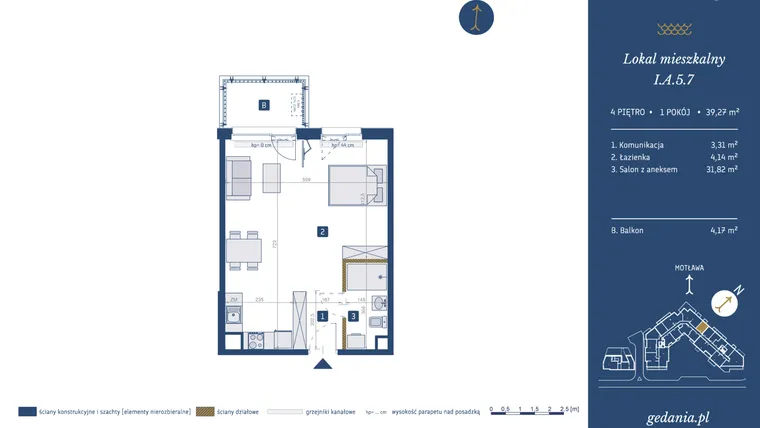 Rzut - Mieszkanie na sprzedaż 1 pokój o powierzchni 39,27 m² - numer I.A.5.7 w GEDANIA Riverside Living