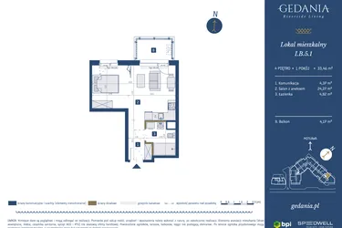 Rzut - Mieszkanie na sprzedaż 1 pokój o powierzchni 33,46 m² - numer I.B.5.1 w GEDANIA Riverside Living