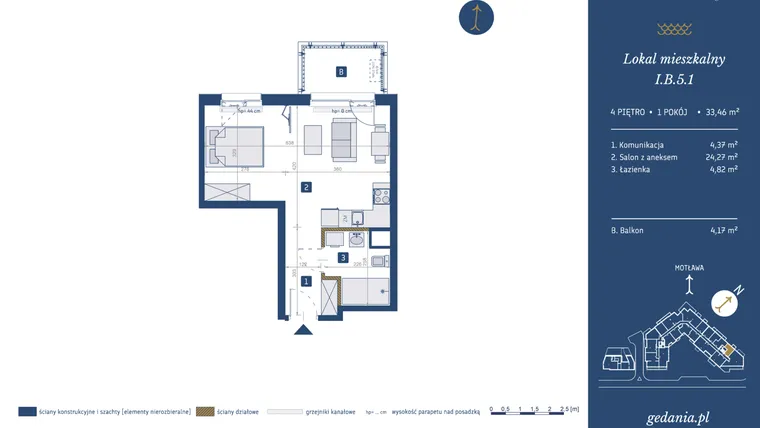 Rzut - Mieszkanie na sprzedaż 1 pokój o powierzchni 33,46 m² - numer I.B.5.1 w GEDANIA Riverside Living