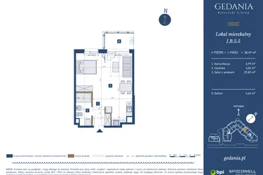 Rzut - Mieszkanie na sprzedaż 1 pokój o powierzchni 38,47 m² - numer I.B.5.5 w GEDANIA Riverside Living