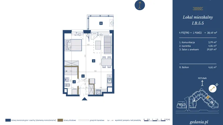 Rzut - Mieszkanie na sprzedaż 1 pokój o powierzchni 38,47 m² - numer I.B.5.5 w GEDANIA Riverside Living