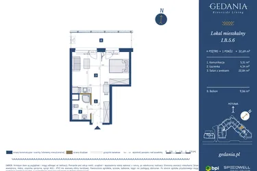 Rzut - Mieszkanie na sprzedaż 1 pokój o powierzchni 32,69 m² - numer I.B.5.6 w GEDANIA Riverside Living