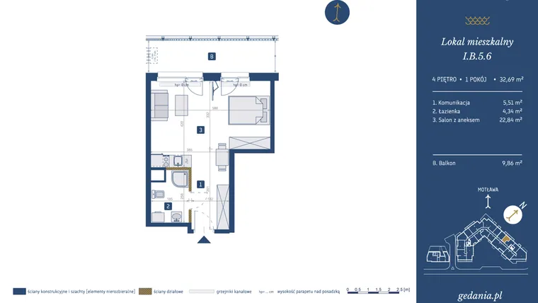 Rzut - Mieszkanie na sprzedaż 1 pokój o powierzchni 32,69 m² - numer I.B.5.6 w GEDANIA Riverside Living