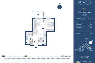 Rzut - Mieszkanie na sprzedaż 1 pokój o powierzchni 38,6 m² - numer I.B.5.7 w GEDANIA Riverside Living