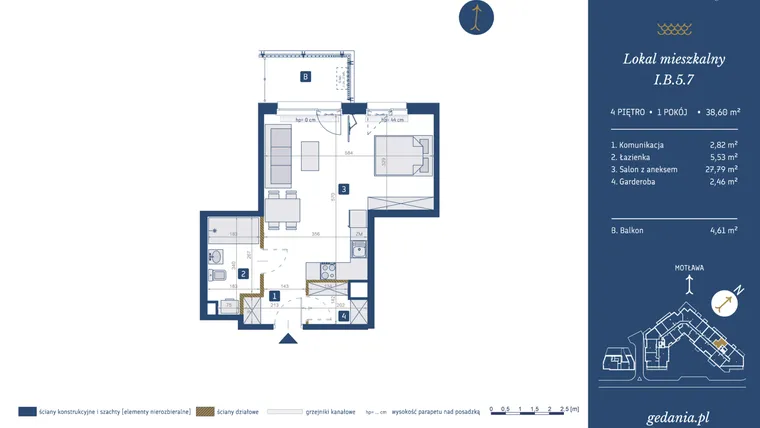 Rzut - Mieszkanie na sprzedaż 1 pokój o powierzchni 38,6 m² - numer I.B.5.7 w GEDANIA Riverside Living