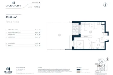 Rzut - Mieszkanie na sprzedaż 2 pokoje o powierzchni 39,6 m² - numer A0.6.6 w Cascada