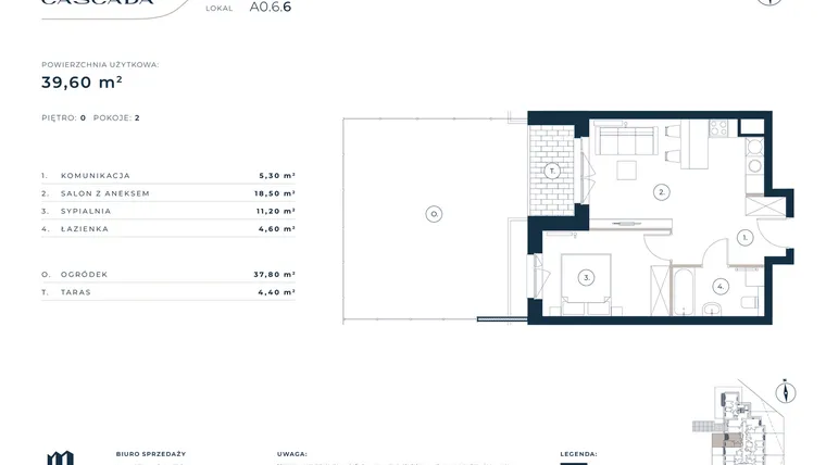 Rzut - Mieszkanie na sprzedaż 2 pokoje o powierzchni 39,6 m² - numer A0.6.6 w Cascada