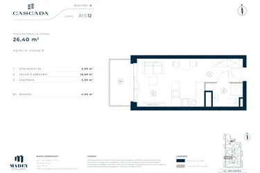 Rzut - Mieszkanie na sprzedaż 1 pokój o powierzchni 26,4 m² - numer A1.5.12 w Cascada