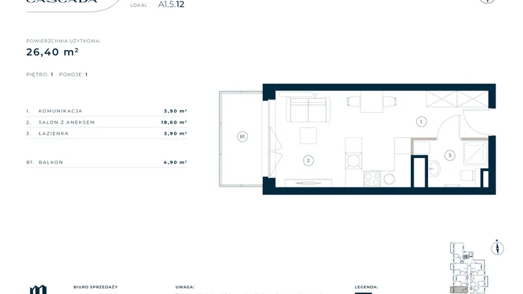 Rzut - Mieszkanie na sprzedaż 1 pokój o powierzchni 26,4 m² - numer A1.5.12 w Cascada