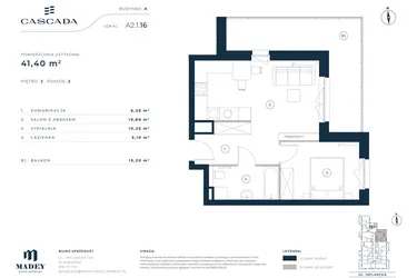 Rzut - Mieszkanie na sprzedaż 2 pokoje o powierzchni 41,4 m² - numer A2.1.16 w Cascada