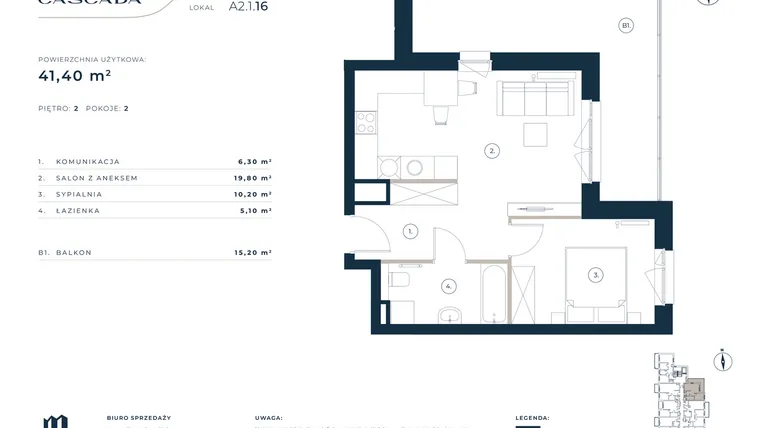 Rzut - Mieszkanie na sprzedaż 2 pokoje o powierzchni 41,4 m² - numer A2.1.16 w Cascada