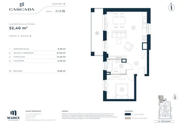 Rzut - Mieszkanie na sprzedaż 2 pokoje o powierzchni 52,4 m² - numer A1.8.15 w Cascada