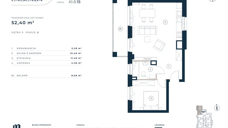 Rzut - Mieszkanie na sprzedaż 2 pokoje o powierzchni 52,4 m² - numer A1.8.15 w Cascada