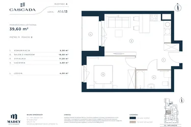 Rzut - Mieszkanie na sprzedaż 2 pokoje o powierzchni 39,6 m² - numer A1.6.13 w Cascada