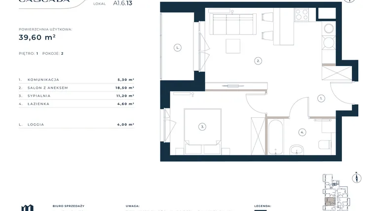 Rzut - Mieszkanie na sprzedaż 2 pokoje o powierzchni 39,6 m² - numer A1.6.13 w Cascada