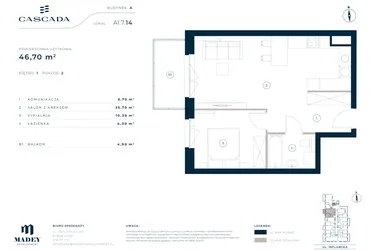 Rzut - Mieszkanie na sprzedaż 2 pokoje o powierzchni 46,7 m² - numer A1.7.14 w Cascada