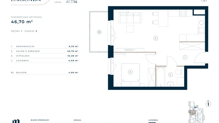Rzut - Mieszkanie na sprzedaż 2 pokoje o powierzchni 46,7 m² - numer A1.7.14 w Cascada