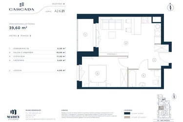 Rzut - Mieszkanie na sprzedaż 2 pokoje o powierzchni 39,6 m² - numer A2.6.21 w Cascada