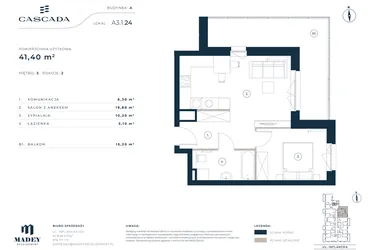 Rzut - Mieszkanie na sprzedaż 2 pokoje o powierzchni 41,4 m² - numer A3.1.24 w Cascada
