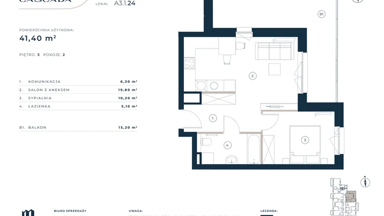 Rzut - Mieszkanie na sprzedaż 2 pokoje o powierzchni 41,4 m² - numer A3.1.24 w Cascada