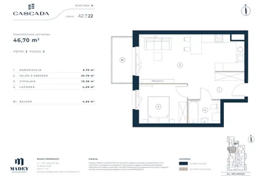 Rzut - Mieszkanie na sprzedaż 2 pokoje o powierzchni 46,7 m² - numer A2.7.22 w Cascada