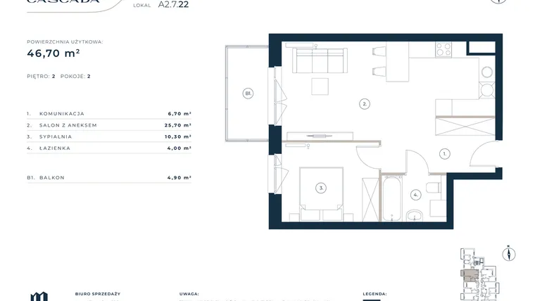 Rzut - Mieszkanie na sprzedaż 2 pokoje o powierzchni 46,7 m² - numer A2.7.22 w Cascada