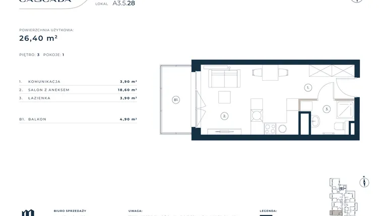 Rzut - Mieszkanie na sprzedaż 1 pokój o powierzchni 26,4 m² - numer A3.5.28 w Cascada