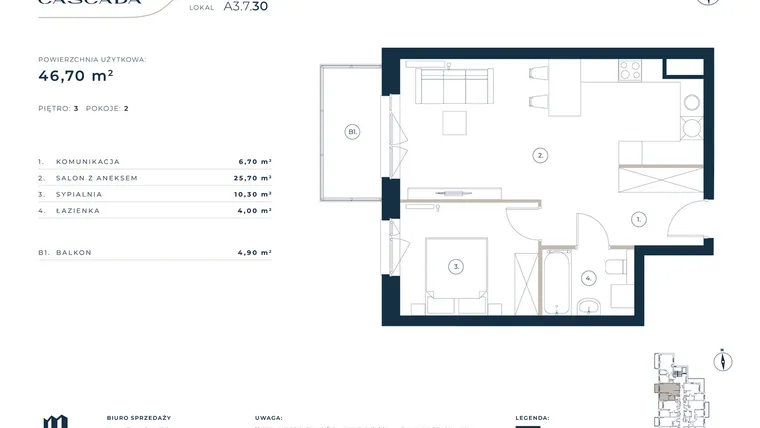 Rzut - Mieszkanie na sprzedaż 2 pokoje o powierzchni 46,7 m² - numer A3.7.30 w Cascada