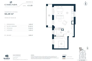 Rzut - Mieszkanie na sprzedaż 2 pokoje o powierzchni 52,4 m² - numer A3.8.31 w Cascada