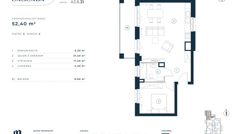 Rzut - Mieszkanie na sprzedaż 2 pokoje o powierzchni 52,4 m² - numer A3.8.31 w Cascada