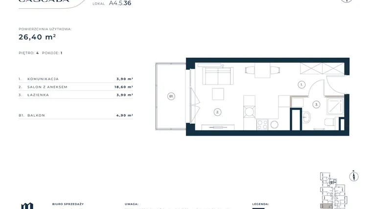 Rzut - Mieszkanie na sprzedaż 1 pokój o powierzchni 26,4 m² - numer A4.5.36 w Cascada