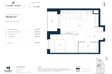 Rzut - Mieszkanie na sprzedaż 2 pokoje o powierzchni 39,6 m² - numer A4.6.37 w Cascada