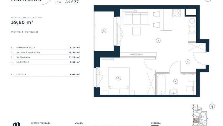 Rzut - Mieszkanie na sprzedaż 2 pokoje o powierzchni 39,6 m² - numer A4.6.37 w Cascada