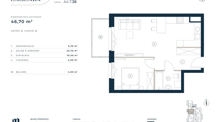 Rzut - Mieszkanie na sprzedaż 2 pokoje o powierzchni 46,7 m² - numer A4.7.38 w Cascada