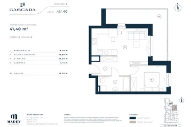 Rzut - Mieszkanie na sprzedaż 2 pokoje o powierzchni 41,4 m² - numer A5.1.40 w Cascada