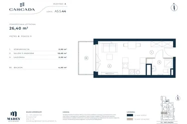 Rzut - Mieszkanie na sprzedaż 1 pokój o powierzchni 26,4 m² - numer A5.5.44 w Cascada