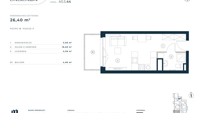 Rzut - Mieszkanie na sprzedaż 1 pokój o powierzchni 26,4 m² - numer A5.5.44 w Cascada