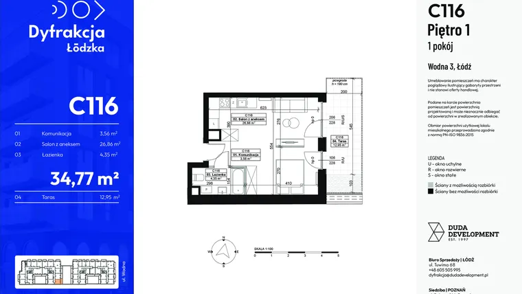 Rzut - Mieszkanie na sprzedaż 1 pokój o powierzchni 34,77 m² - numer C116 w Dyfrakcja Łódzka