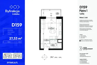 Rzut - Mieszkanie na sprzedaż 1 pokój o powierzchni 27,53 m² - numer D159 w Dyfrakcja Łódzka