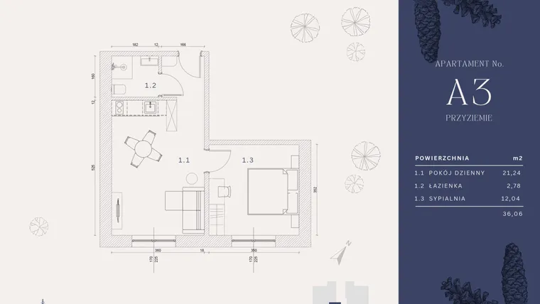 Rzut - Mieszkanie na sprzedaż 3 pokoje o powierzchni 36,06 m² - numer A3 w Rysulówka 70