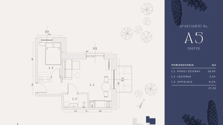 Rzut - Mieszkanie na sprzedaż 3 pokoje o powierzchni 27,02 m² - numer A5 w Rysulówka 70