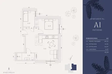 Rzut - Mieszkanie na sprzedaż 4 pokoje o powierzchni 50,91 m² - numer A1 w Rysulówka 70