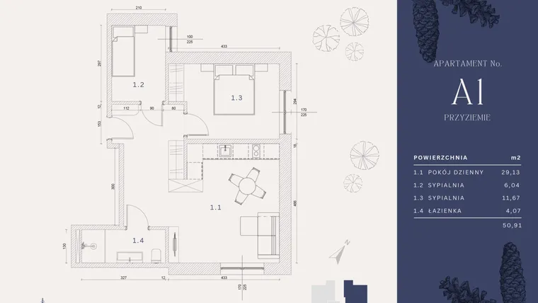 Rzut - Mieszkanie na sprzedaż 4 pokoje o powierzchni 50,91 m² - numer A1 w Rysulówka 70