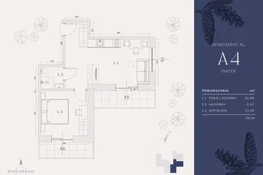 Rzut - Mieszkanie na sprzedaż 3 pokoje o powierzchni 35,43 m² - numer A4 w Rysulówka 70