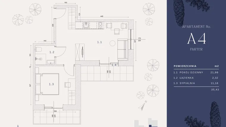 Rzut - Mieszkanie na sprzedaż 3 pokoje o powierzchni 35,43 m² - numer A4 w Rysulówka 70