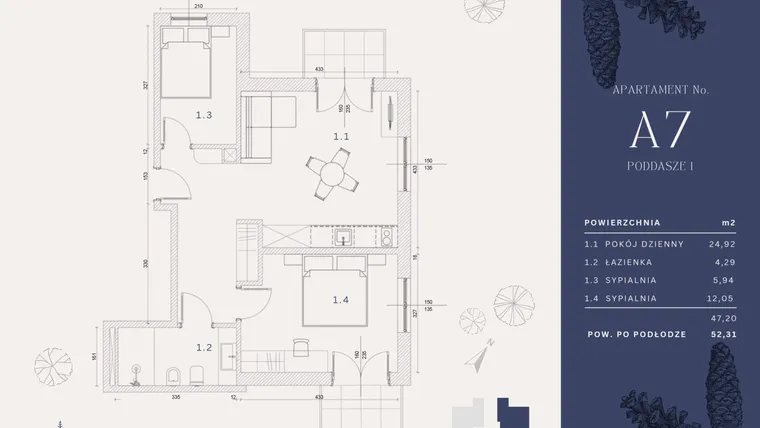 Rzut - Mieszkanie na sprzedaż 4 pokoje o powierzchni 48,46 m² - numer A7 w Rysulówka 70