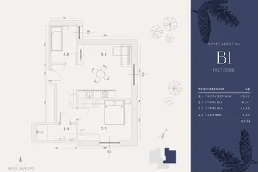 Rzut - Mieszkanie na sprzedaż 4 pokoje o powierzchni 52,14 m² - numer B1 w Rysulówka 70